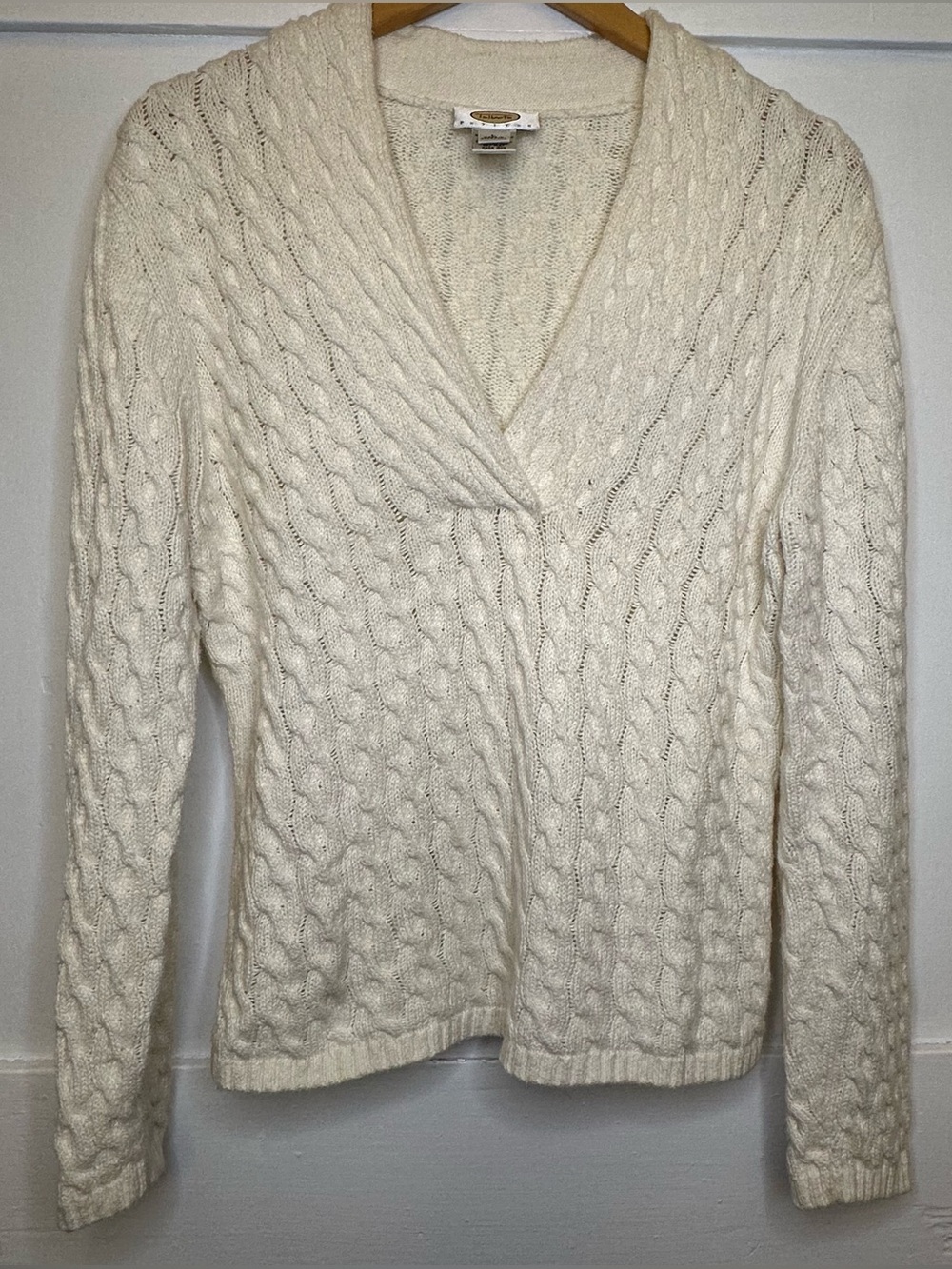 Talbots Petites Cream Cable-Knit V-Neck Sweater Size LP